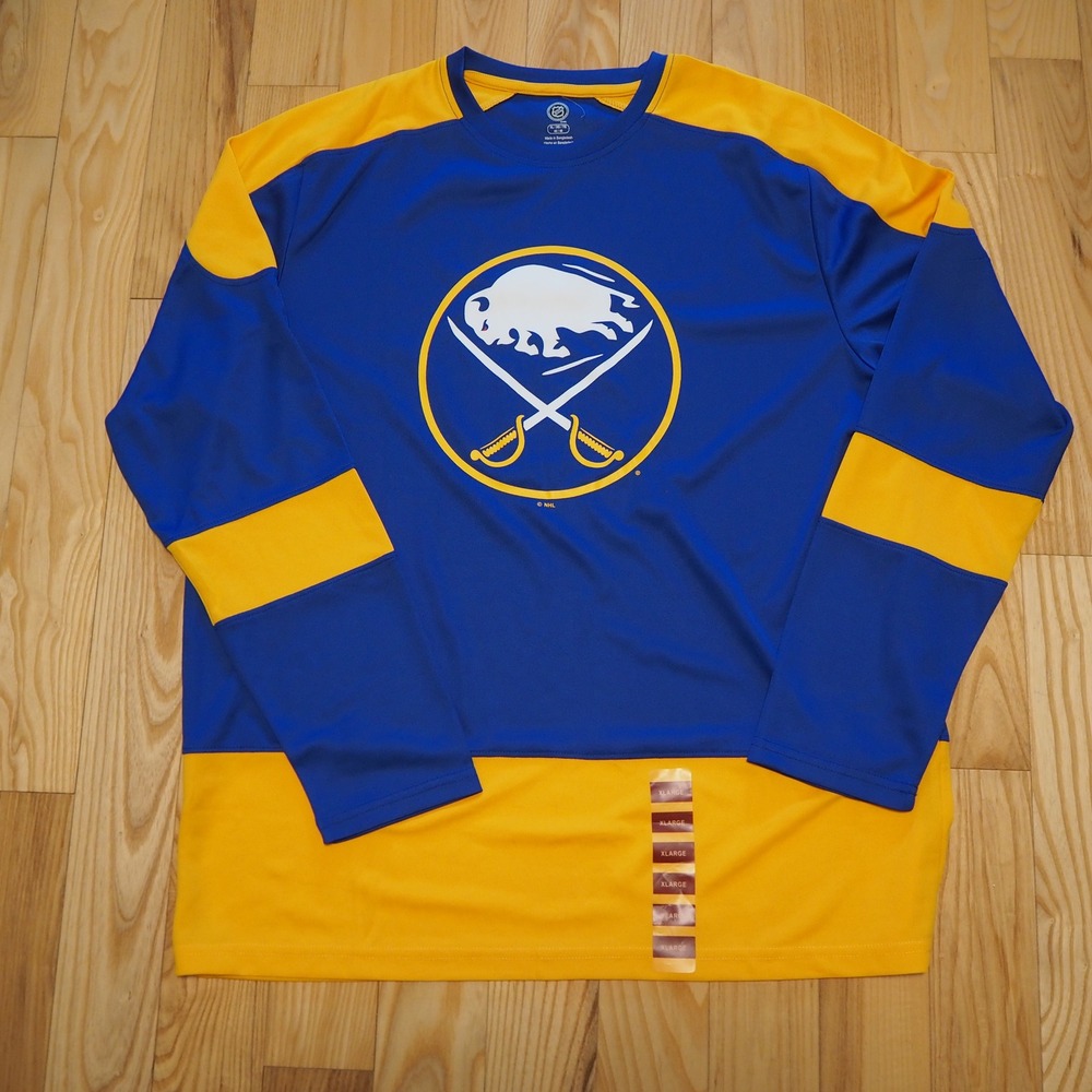 NHL Buffalo Sabres Long Sleeve Shirt Mens XL Blue Gold Hockey Fan Gear NWOT